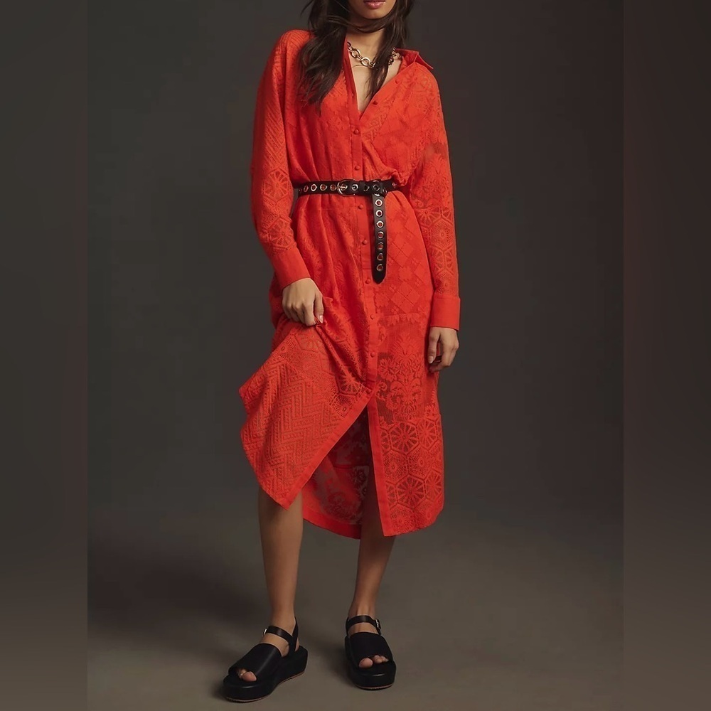 NWT Size S (P2P 22") - Anthropologie Long-Sleeve lace Shirt Midi Dress